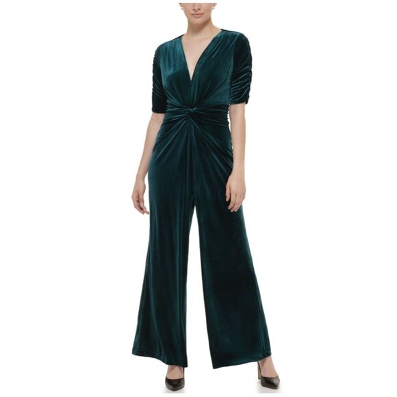 Vince Camuto Green Velvet V-Neck Wide Leg Jumpsuit Twist Front Size 12 - Picture 1 of 16